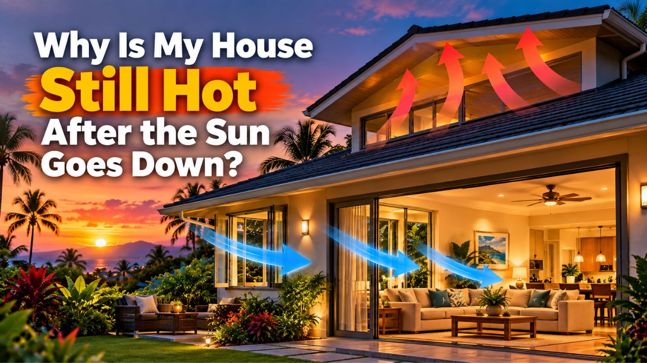 Tropical home staying hot after sunset with heat rising from the roof and cool air entering through open windows
