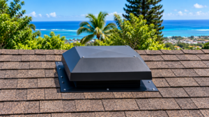 Black attic ventilation unit properly mounted on a shingle roof in Hawaii