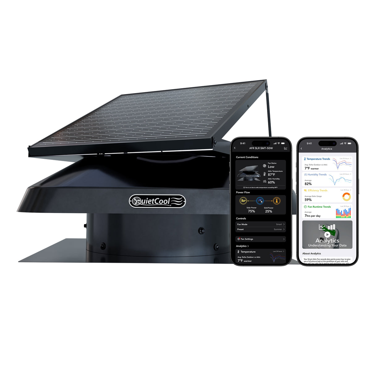 QuietCool 50 Watt Smart Solar Attic Fan with smartphone app control