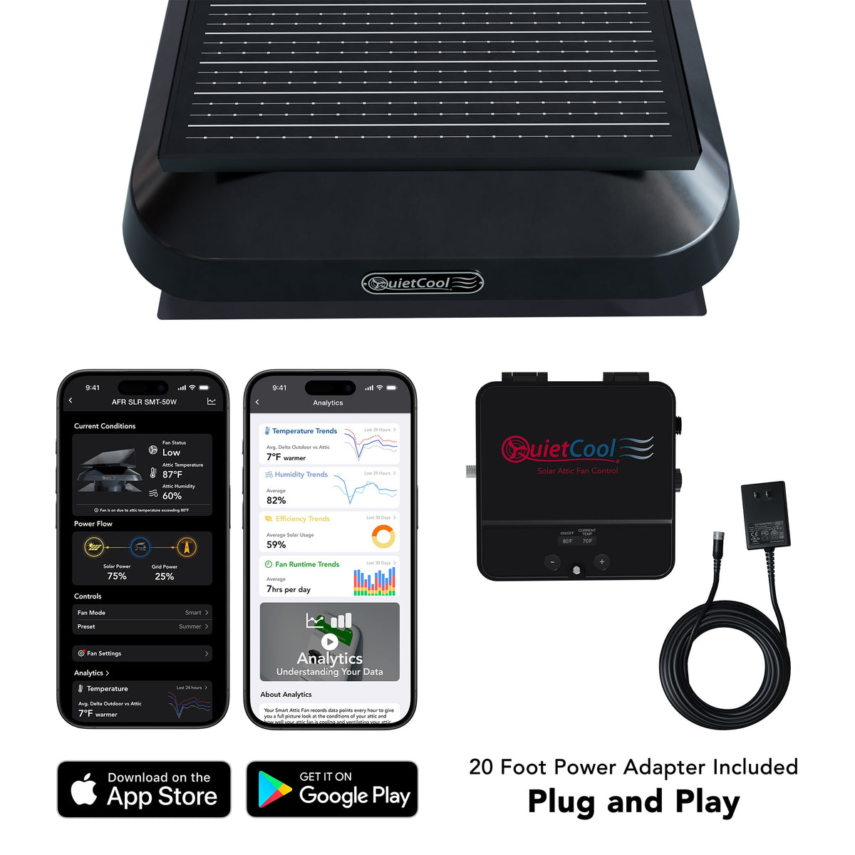 QuietCool Smart App control and included 20 foot power adapter