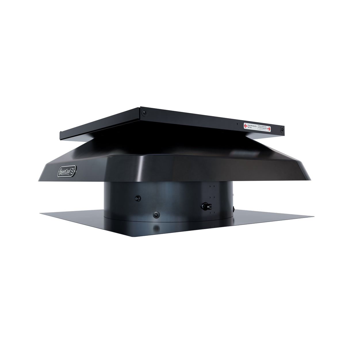 QuietCool 50 Watt Smart Solar Attic Fan - angled view with roof flashing